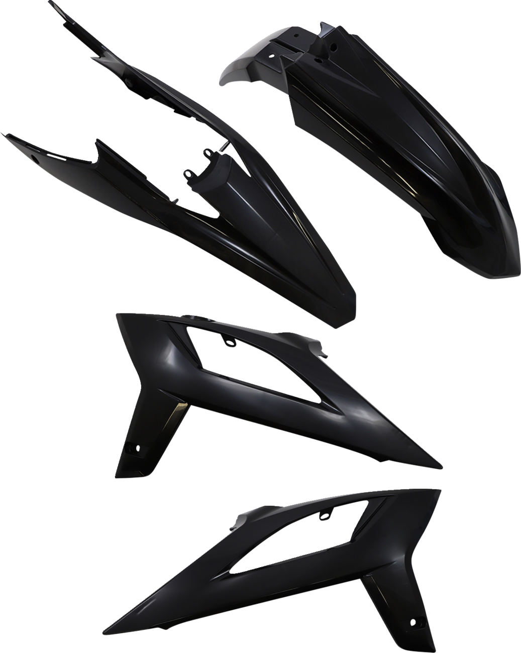 A black Acerbis standard replacement body kit for motorcycles, designed to fit seamlessly with bike's body panels.