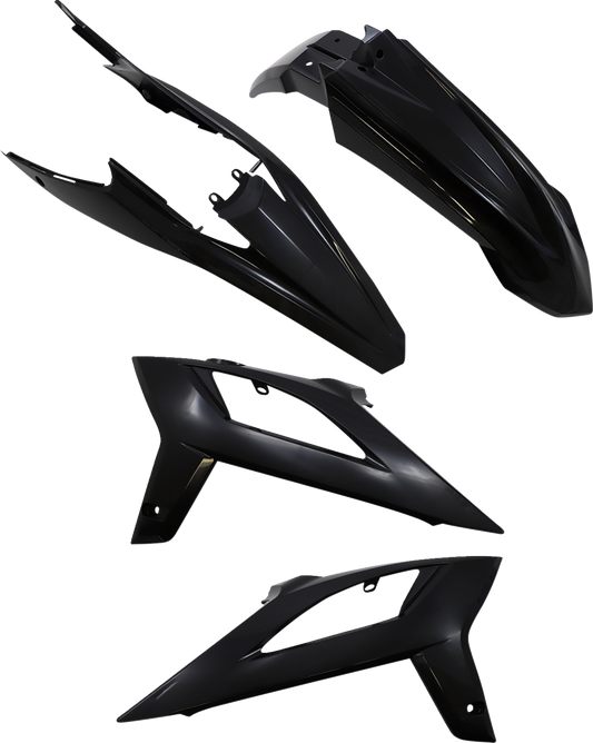 A black Acerbis standard replacement body kit for motorcycles, designed to fit seamlessly with bike's body panels.