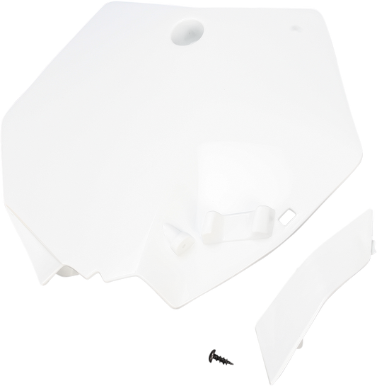 ACERBIS front number plate in white mounted on motorcycle body, featuring sleek design and clear number display.