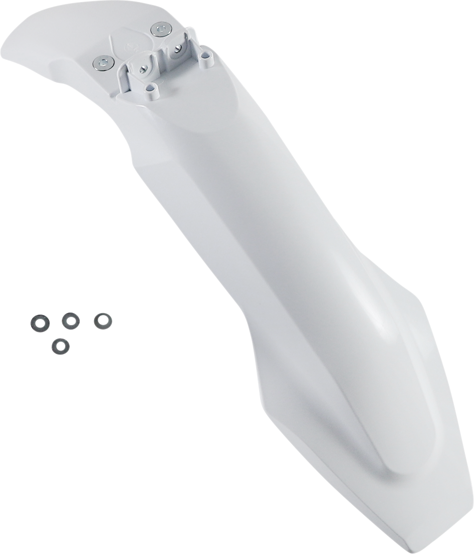 A white Acerbis front fender for motorcycle, designed as a body part, with a clean, smooth surface and mounting points visible.