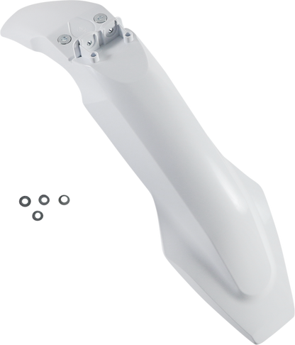 A white Acerbis front fender for motorcycle, designed as a body part, with a clean, smooth surface and mounting points visible.