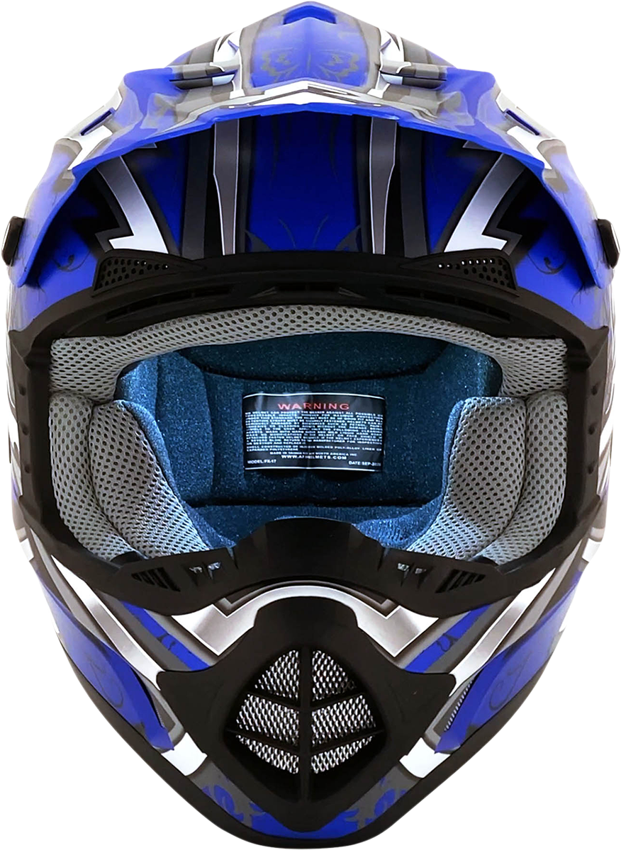 Matte blue AFX FX-17Y Butterfly helmet in medium size, featuring a sleek aerodynamic design and vibrant graphics.