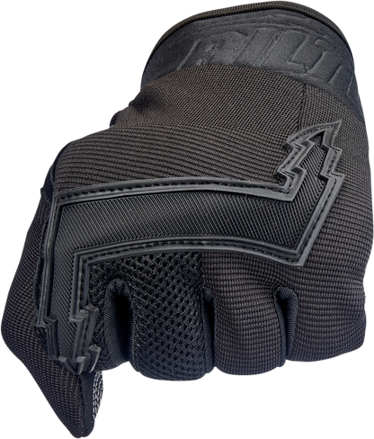 Black Biltwell Baja Gloves in large size, showing durable leather construction and secure wrist closure, designed for motorcycle riding.