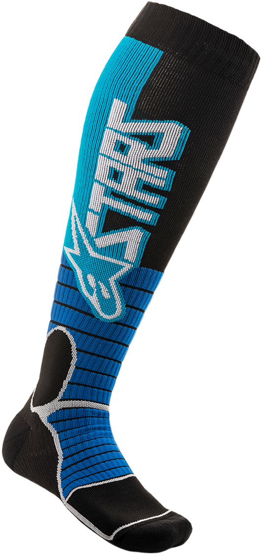 Alpinestars MX Pro Socks in cyan and black, large size, featuring breathable fabric and sporty design for motocross riding.