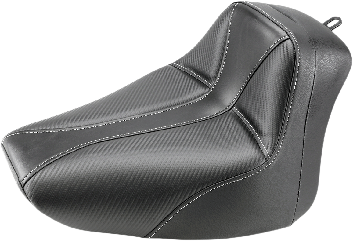 Black SADDLEMEN Dominator Solo Seat with gray stitching for FLS/FXS 2000-2006 motorcycles, featuring stitched leather upholstery.