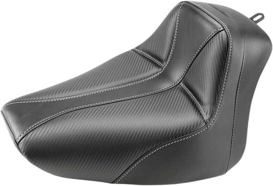 Black SADDLEMEN Dominator Solo Seat with gray stitching for FLS/FXS 2000-2006 motorcycles, featuring stitched leather upholstery.