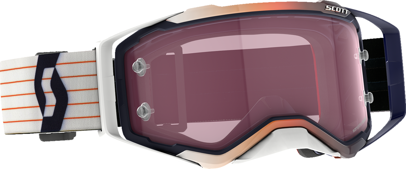 Scott Prospect Amplifier Goggles in blue and white, designed for motorcycle engine protection, by Bill's Exhausts.