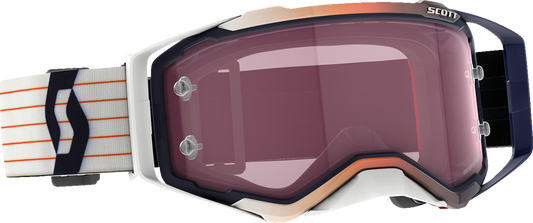 Scott Prospect Amplifier Goggles in blue and white, designed for motorcycle engine protection, by Bill's Exhausts.