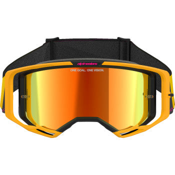 Alpinestars Vision 8 motorcycle goggles with yellow and pink frame, red mirror lenses, and adjustable strap for rider protection