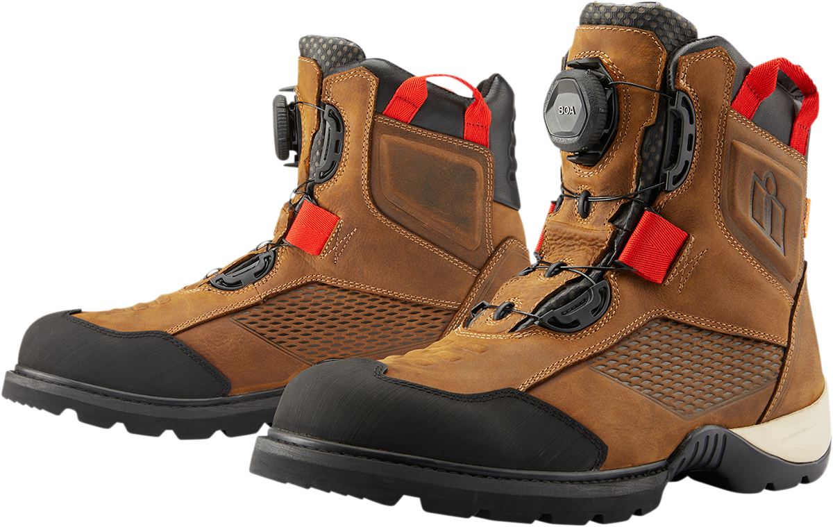 Brown ICON Stormhawk Boots by Bill's Exhausts in size 11.5, featuring sturdy leather and rugged design.