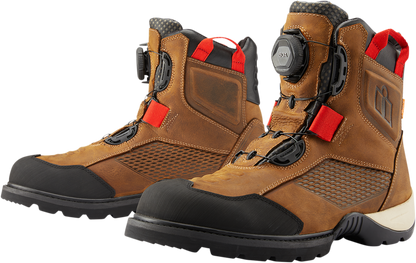 Brown ICON Stormhawk Boots by Bill's Exhausts in size 11.5, featuring sturdy leather and rugged design.
