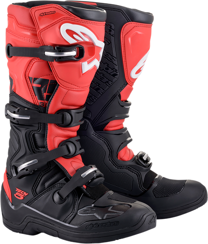 Alpinestars Tech 5 motorcycle boots in black and red, US size 11, featuring durable design and protective features.