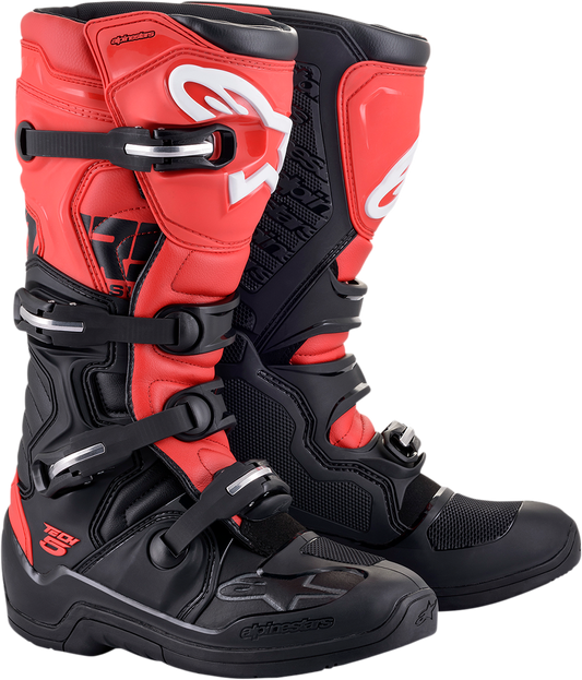 Alpinestars Tech 5 motorcycle boots in black and red, US 14, featuring sturdy construction and protective design.