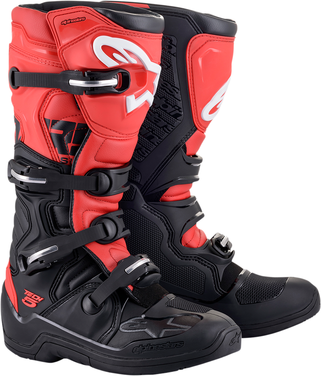 Alpinestars Tech 5 motorcycle boots in black and red, US size 12, featuring protective design and sturdy construction.