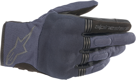 Alpinestars Copper Gloves in Mood Indigo, small size, featuring textured palms and adjustable wrist straps for motorcycle riding.