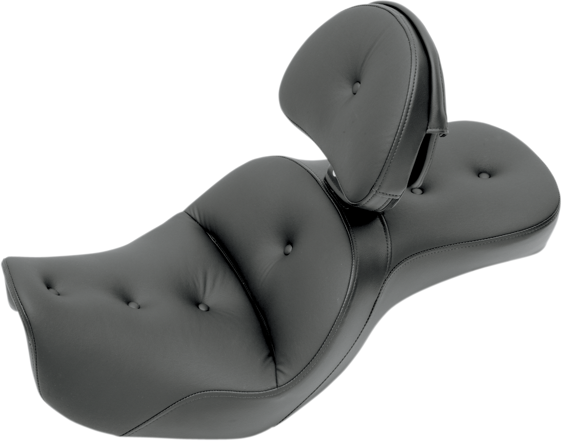 Bill's Exhausts SADDLEMEN Explorer Road Sofa Seat with backrest for Dyna 2006-2017, featuring a comfortable, padded design.