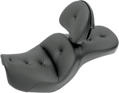 Bill's Exhausts SADDLEMEN Explorer Road Sofa Seat with backrest for Dyna 2006-2017, featuring a comfortable, padded design.