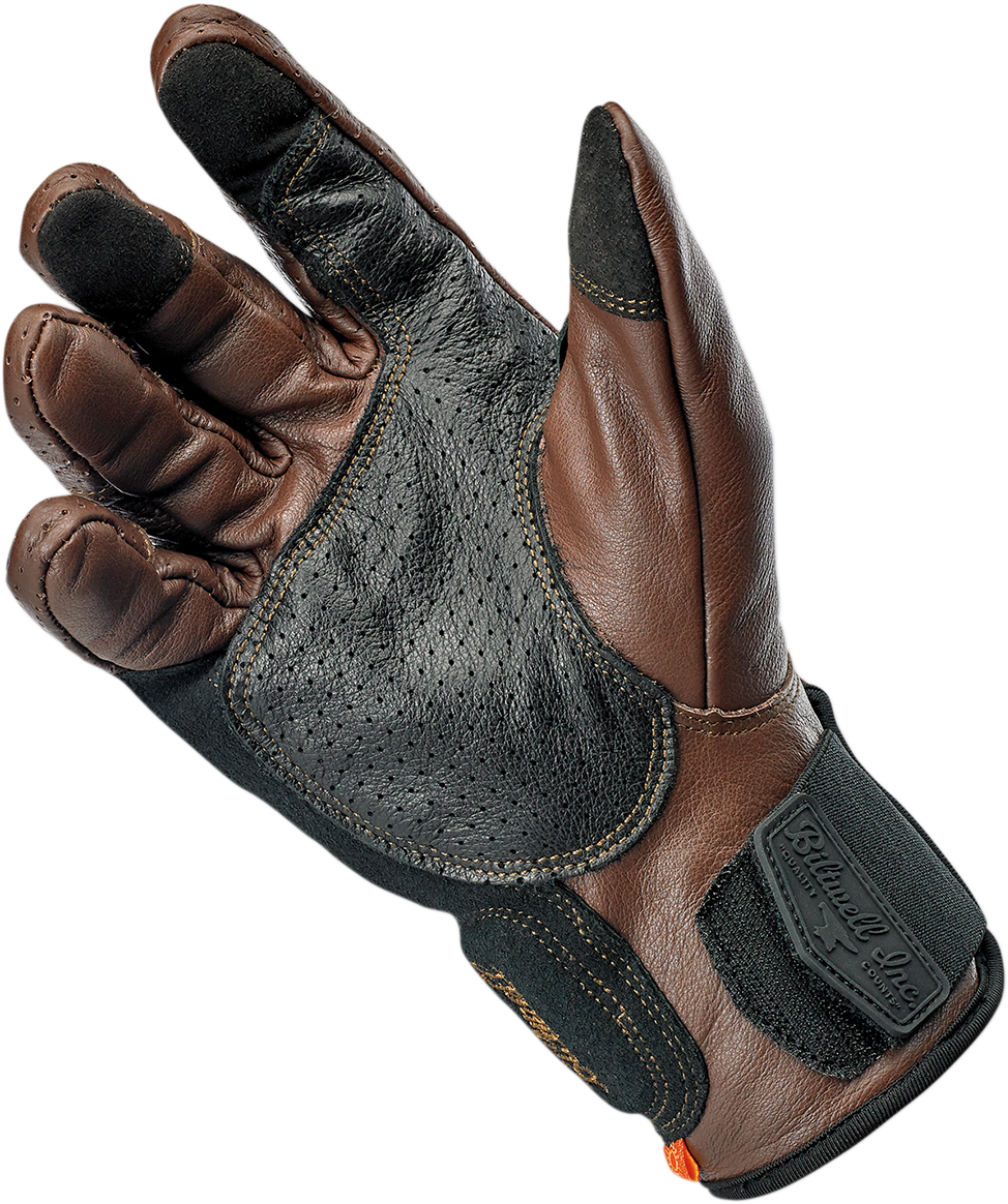 BILTWELL Borrego Gloves in chocolate and black, XS, showing the textured leather exterior and secure wrist closure.
