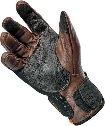 BILTWELL Borrego Gloves in chocolate and black, XS, showing the textured leather exterior and secure wrist closure.