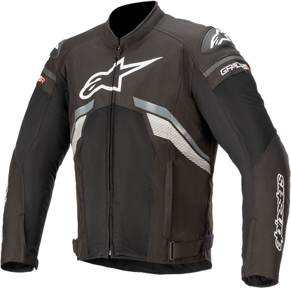 Alpinestars T-GP Plus R Air motorcycle jacket in black, gray, and white, 4XL size, featuring protective armor and ventilation.