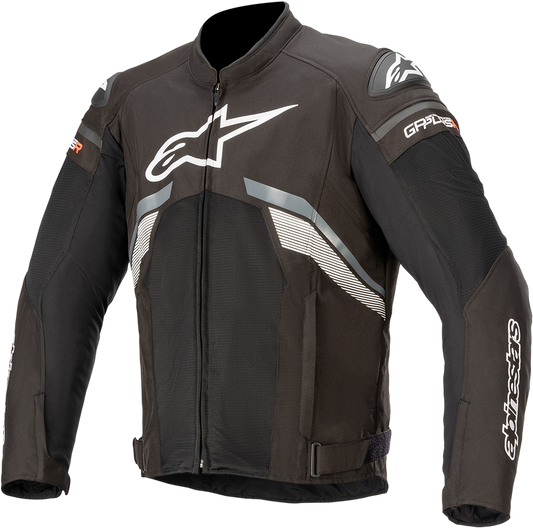 Alpinestars T-GP Plus R Air motorcycle jacket in black, gray, and white, 4XL size, featuring protective armor and ventilation.