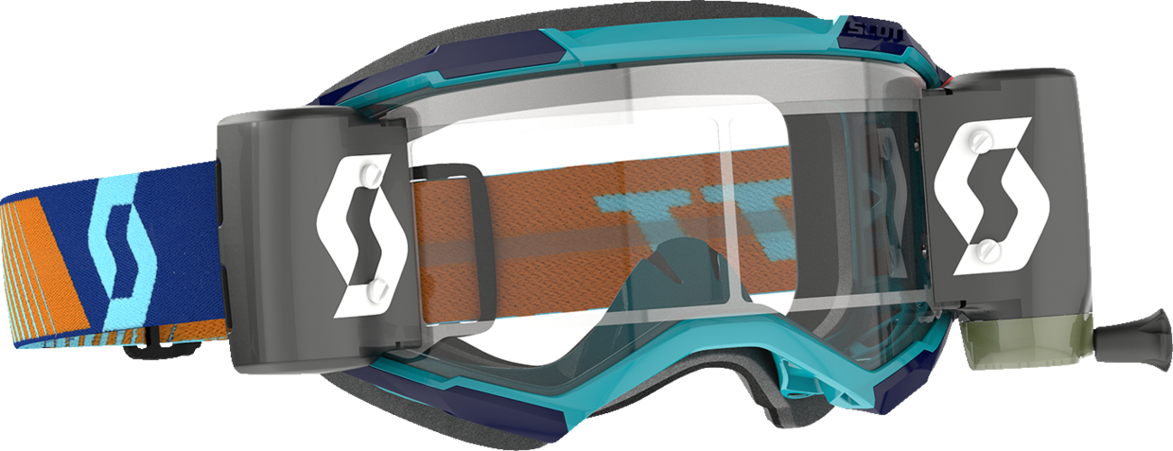 Scott Fury WFS Goggles in royal blue and orange with clear lenses, designed for motorcycling and outdoor sports.