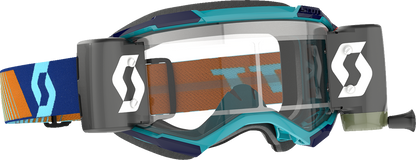 Scott Fury WFS Goggles in royal blue and orange with clear lenses, designed for motorcycling and outdoor sports.