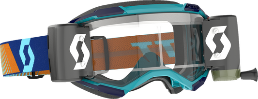 Scott Fury WFS Goggles in royal blue and orange with clear lenses, designed for motorcycling and outdoor sports.