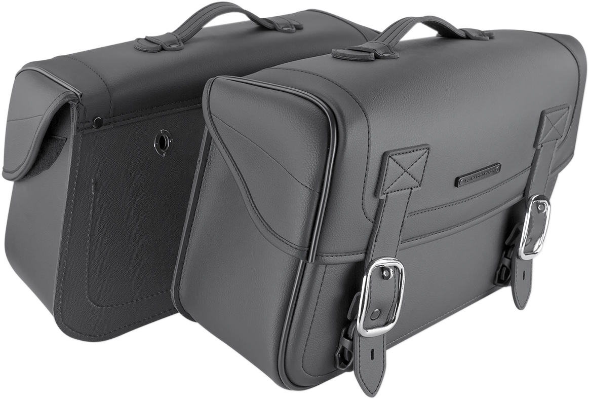 Universal saddlebag seat by SADDLEMEN for Bill's Exhausts motorcycle, shown mounted on a bike seat.