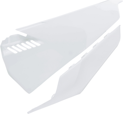 White ACERBIS side panel vent for motorcycle body, featuring sleek design and brand details, installed on a vehicle.