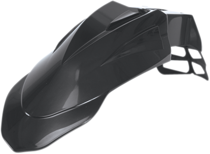 Black Acerbis Supermoto front fender for motorcycle, showcasing its curved body design and mounting points.