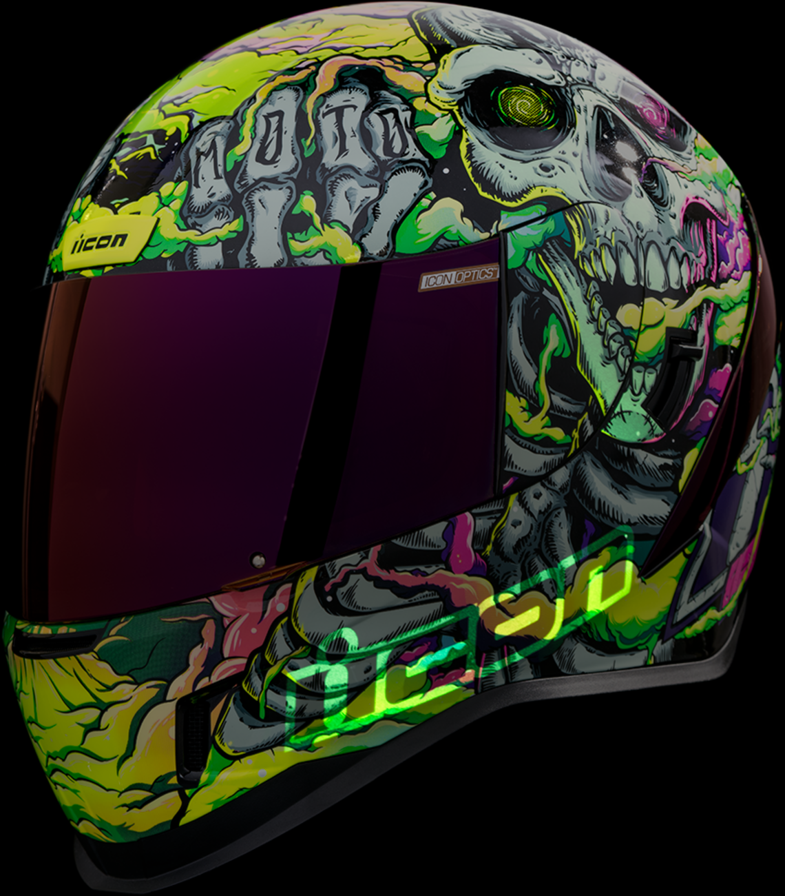 Bill's Exhausts ICON Airform™ Helmet Hippy Dippy purple XL helmet with vibrant design and adjustable strap, front view.
