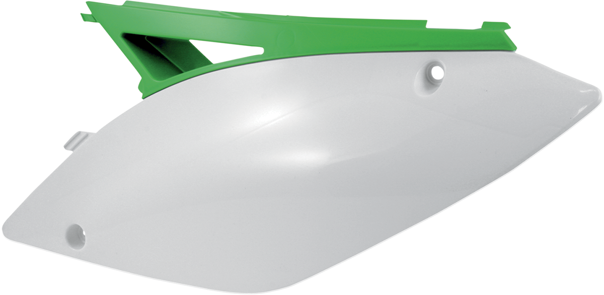 Acerbis white and green motorcycle side panels, body replacement parts with brand logo, designed for durable fit and style.