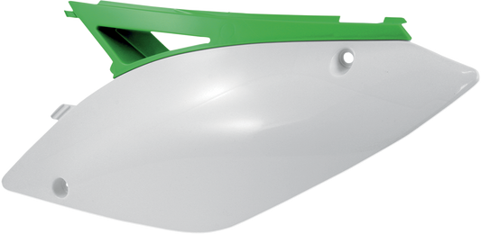 Acerbis white and green motorcycle side panels, body replacement parts with brand logo, designed for durable fit and style.