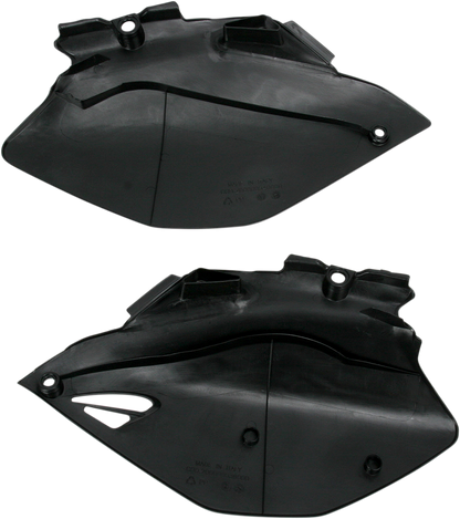 Acerbis black body side panels for motorcycle, showing sleek black plastic panels with mounting points and Acerbis branding.