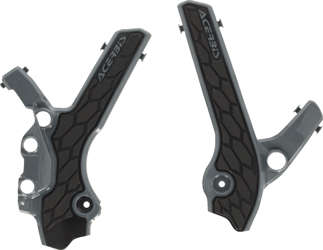 Gray and black ACERBIS X-Grip frame guards for DR-Z 400S/E/SM motorcycle, made by Bill's Exhausts, shown on the bike frame.