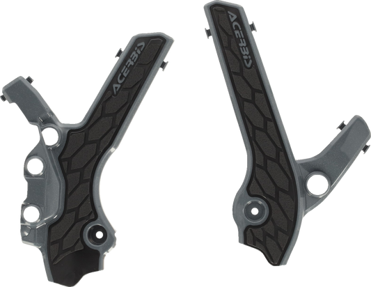Gray and black ACERBIS X-Grip frame guards for DR-Z 400S/E/SM motorcycle, made by Bill's Exhausts, shown on the bike frame.