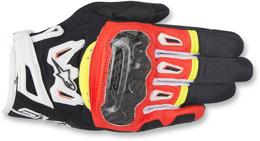Alpinestars SMX-2 Air Carbon V2 motorcycle gloves in black, fluo red, white, and yellow with protective carbon knuckles, size XL.