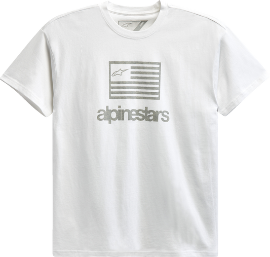 Alpinestars white flag T-shirt, medium size, casual fit, featuring Alpinestars logo and flag design on front.