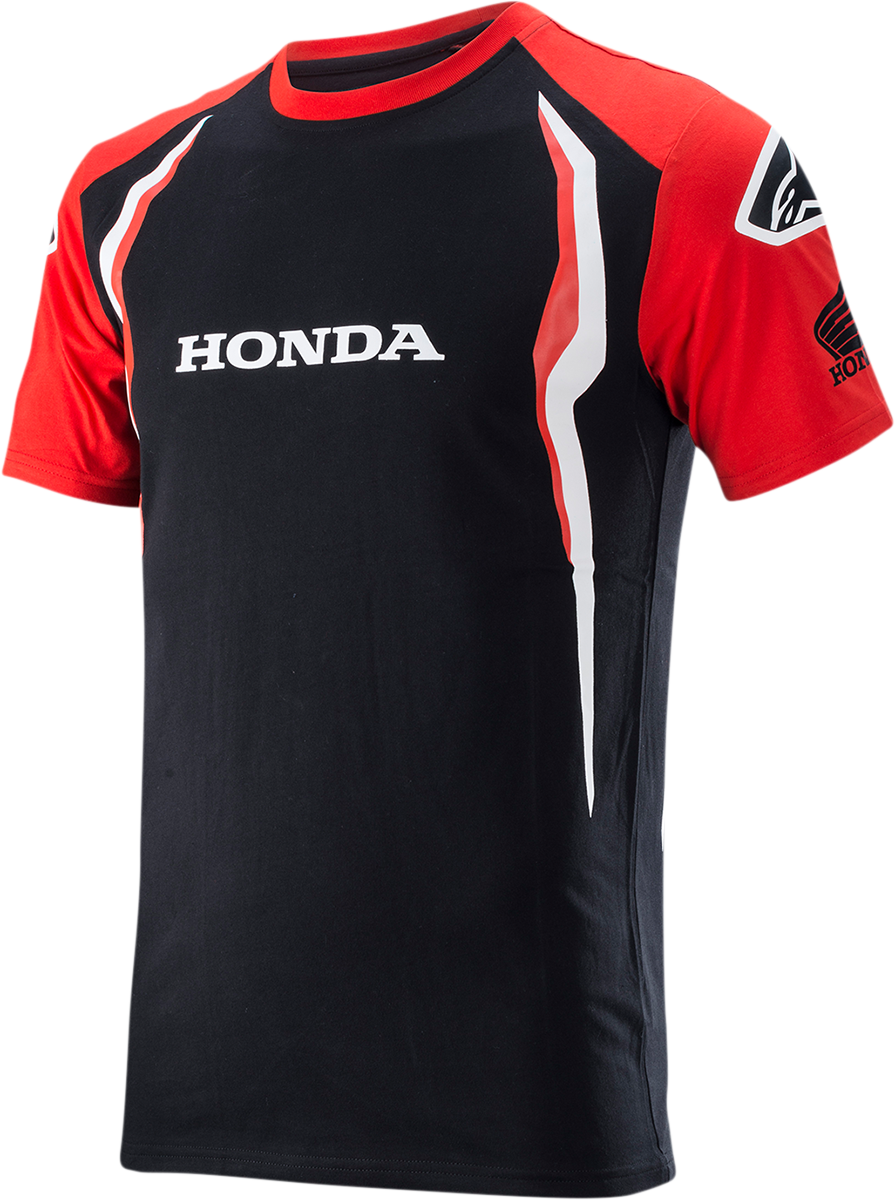 Red and black Alpinestars Honda T-Shirt in medium size, featuring branding and sporty design, displayed flat on a white background.