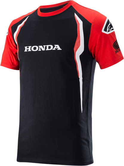 Red and black Alpinestars Honda T-Shirt in medium size, featuring branding and sporty design, displayed flat on a white background.
