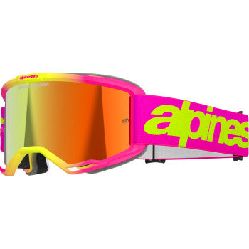 Alpinestars Vision 5 goggles with pink/yellow fluo frame and red mirror lenses, designed for motocross or racing use.
