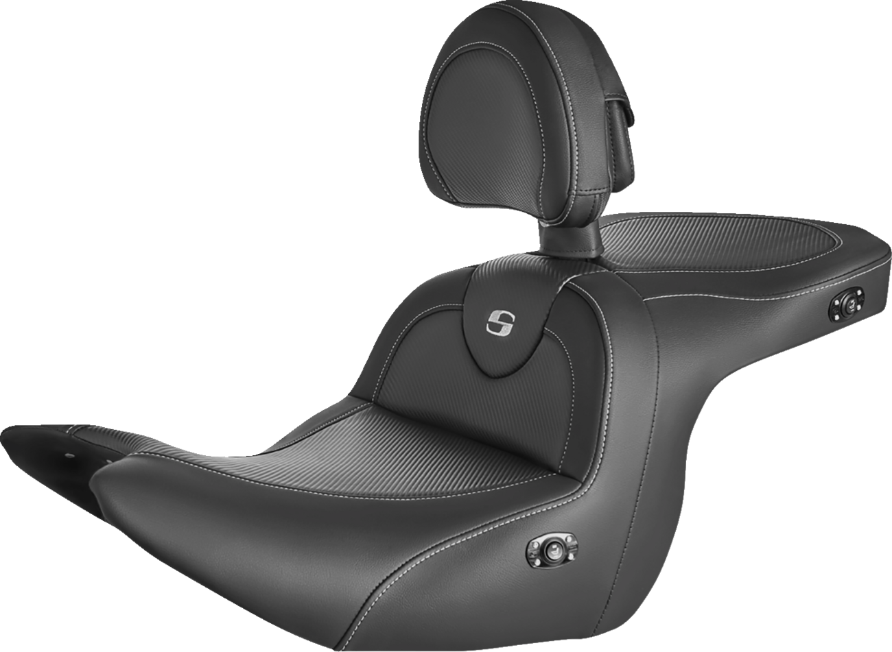 Black SADDLEMEN Roadsofa carbon fiber heated motorcycle seat with backrest for Honda GL1800 models 2018-2023.