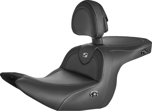 Black SADDLEMEN Roadsofa carbon fiber heated motorcycle seat with backrest for Honda GL1800 models 2018-2023.