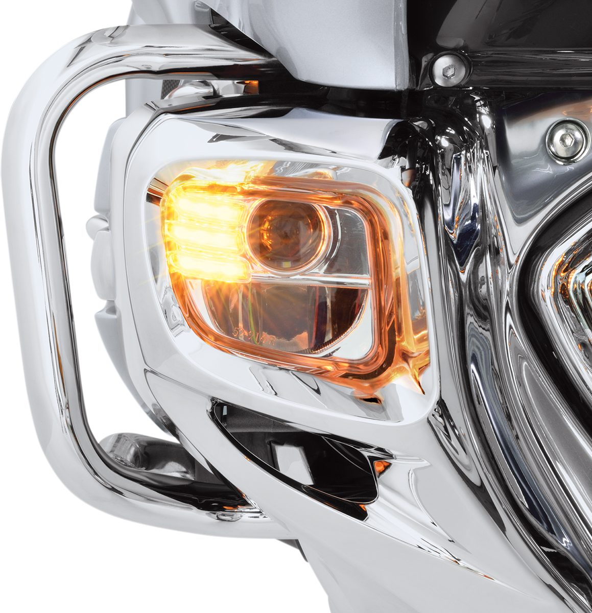 Bill's Exhausts SHOW CHROME LED Fog Lights Kit for GL1800 motorcycle, engine-mounted lighting with chrome finish.