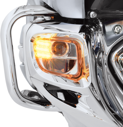 Bill's Exhausts SHOW CHROME LED Fog Lights Kit for GL1800 motorcycle, engine-mounted lighting with chrome finish.