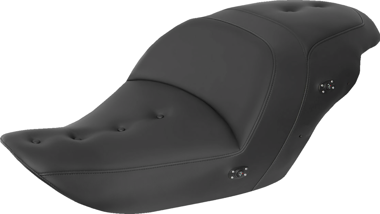 Black Saddlemens Heated Roadsofa Pillow Top Seat without backrest, designed for comfort and durability in motorcycle seating.