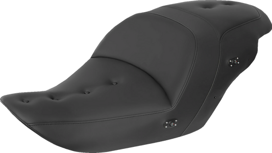 Black Saddlemens Heated Roadsofa Pillow Top Seat without backrest, designed for comfort and durability in motorcycle seating.