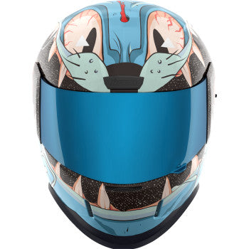 Blue ICON Airform™ Helmet in medium size with 9 Lives design, featuring a sleek aerodynamic shape and clear visor.