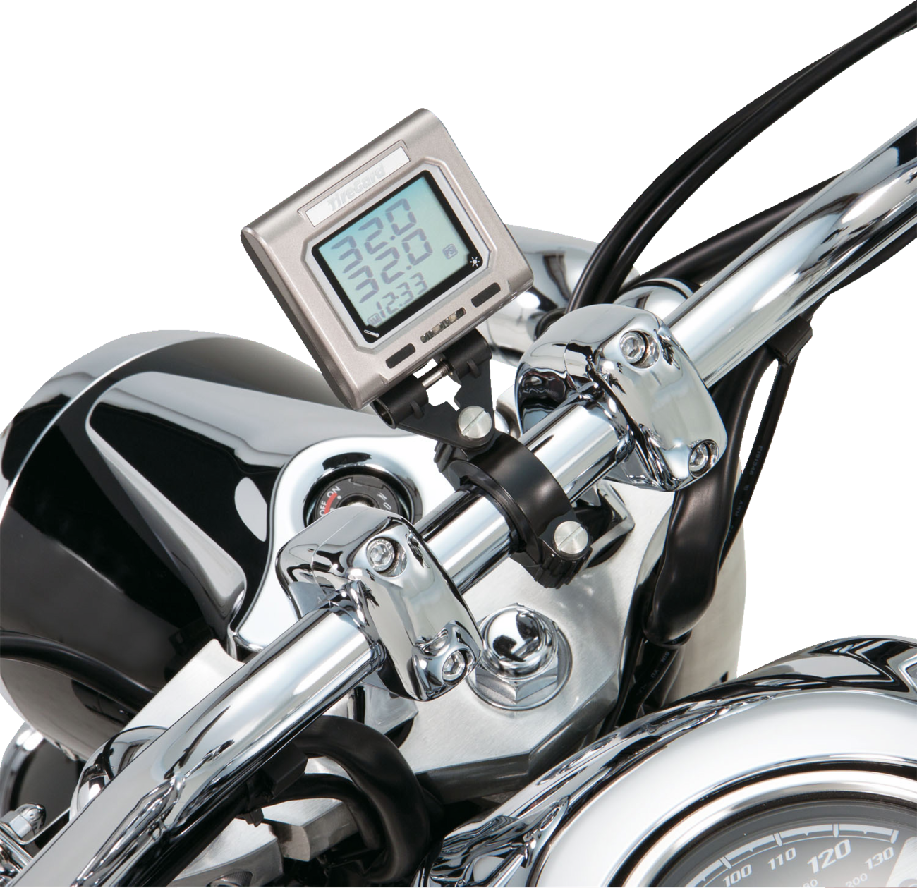 Bill's Exhausts SHOW CHROME handlebar tire pressure monitor system for motorcycles, mounted on the engine area.